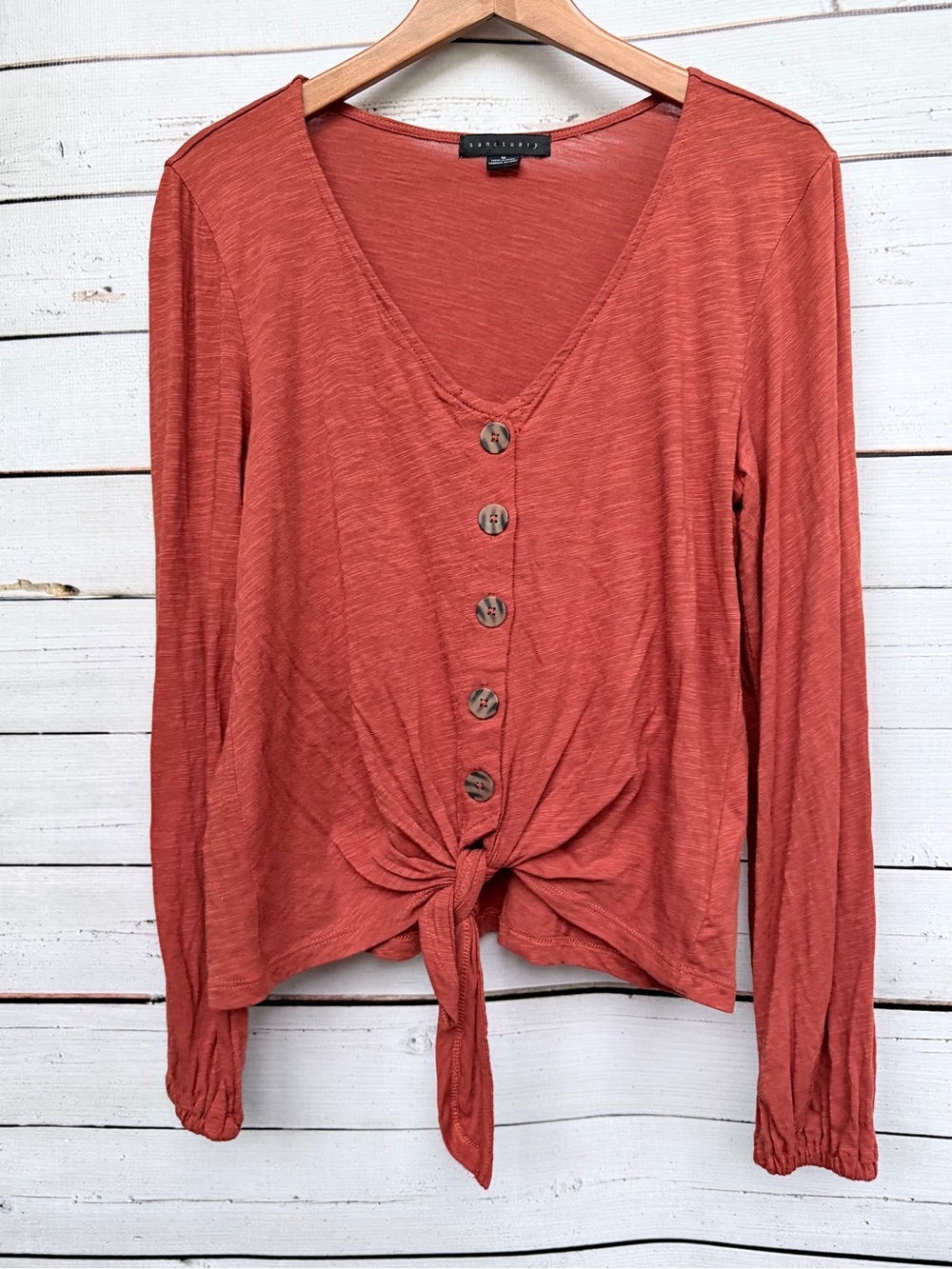 Sanctuary Rust Button-Front Tie-Waist Long Sleeve Top - Picture 3 of 6
